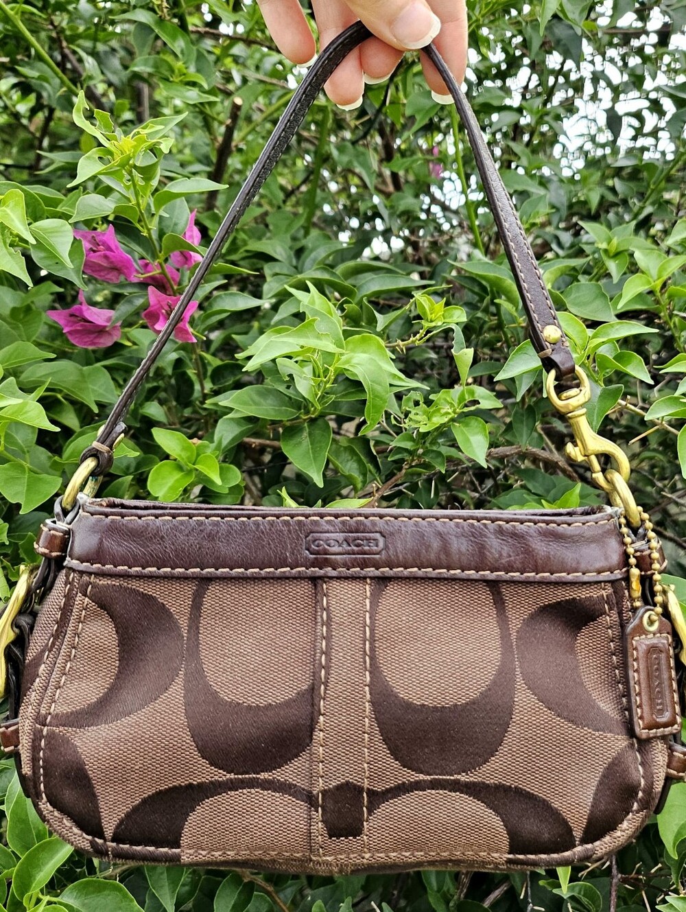 Coach Micro Zoe Chocolate Brown Signature Shoulder Bag Y2K Brass Vintage Style